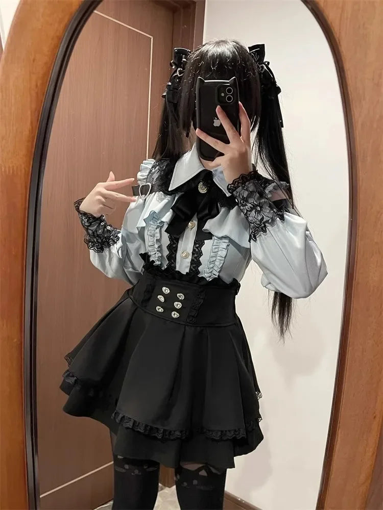 Dark Sweet Heart Ground Type Lolita Set, Ruffle Sleeve Top & A-line Skirt, Cute Kawaii Japanese Style Gothic Coord Outfit S-XL Bazaare Mart