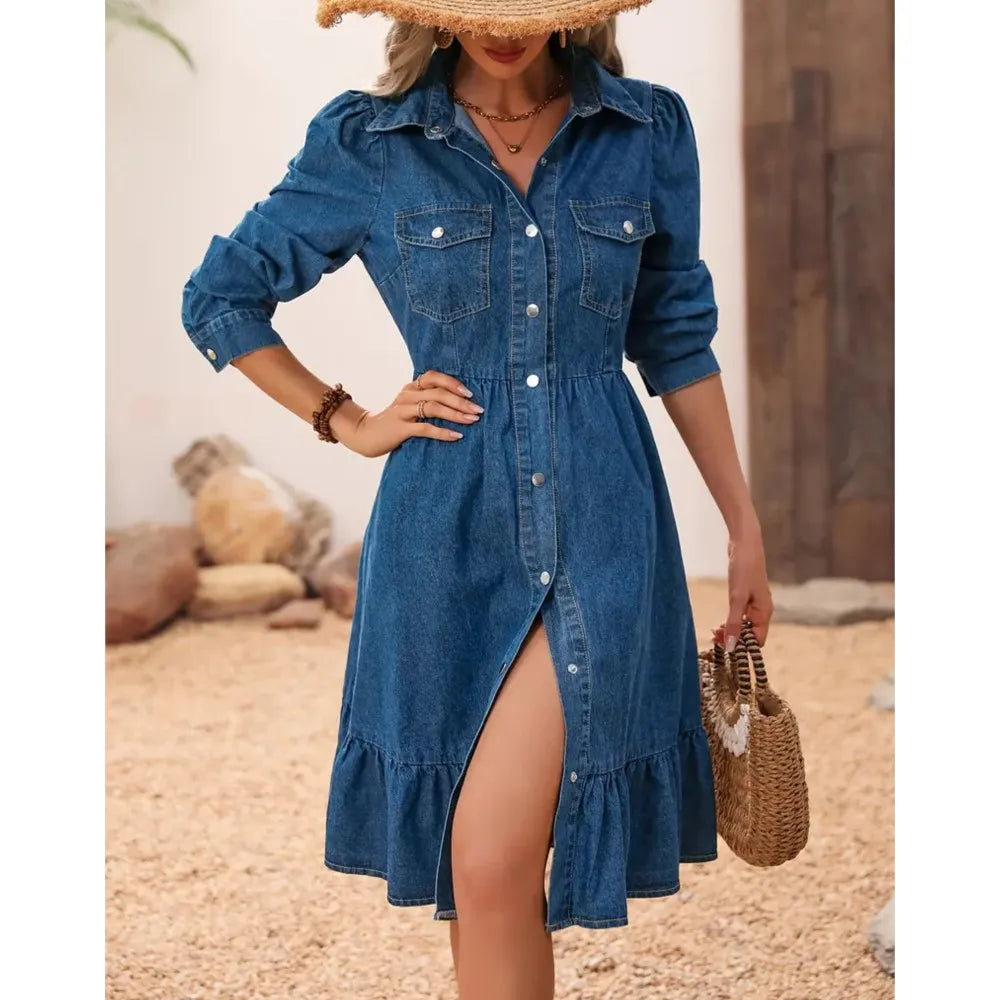 Denim Long Sleeve Button Up Shirt Dress