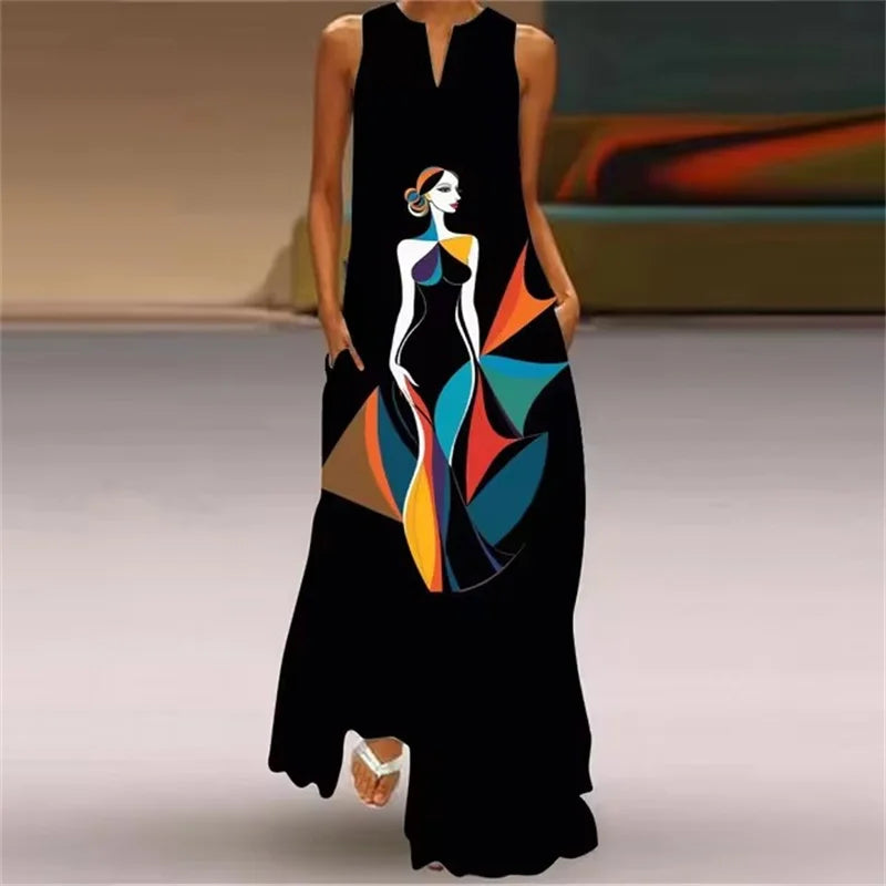Summer Outdoor Street Fashion Women's Long Dress New Abstract Art Print Dress Sleeveless Vest V-Neck Fashion Women's Party Dress WXDress-154 Bazaare Mart