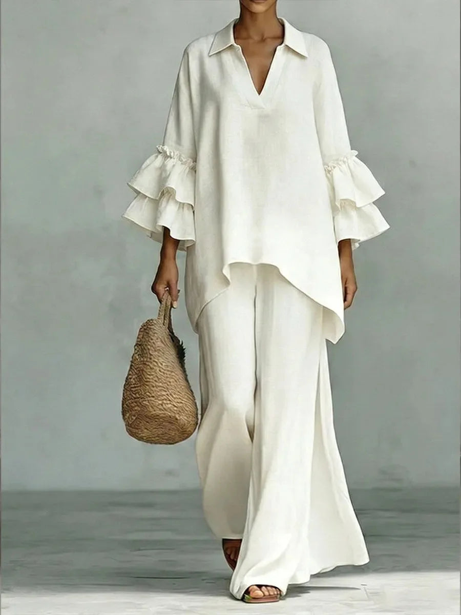Women's 2-Piece Wide-Leg Pants Set with Ruffle Sleeves