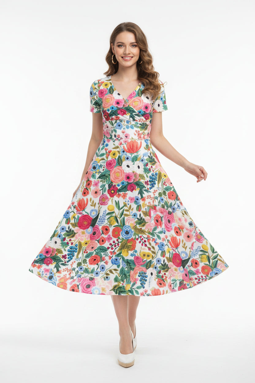 3D printed floral skirt Valentine's Day series printed V-neck short-sleeved dress A-line long skirt casual and fashionable -5 12 Bazaare Mart