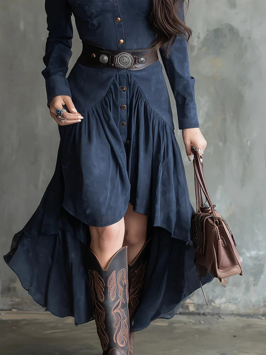 Western Style French Suede High Low Layered Dress with Belt