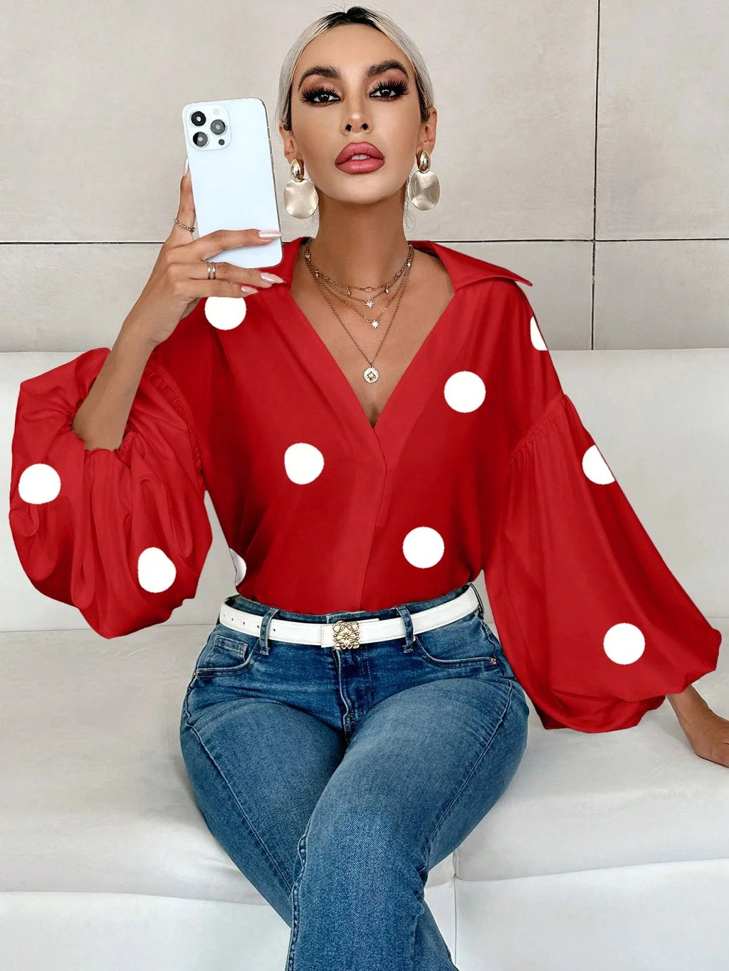 Boho Women's Blouses Spring Fall New Fashion French Polka Dot Half-neck Design Loose Puff Long-sleeve Top Casual Shirts Women Bazaare Mart