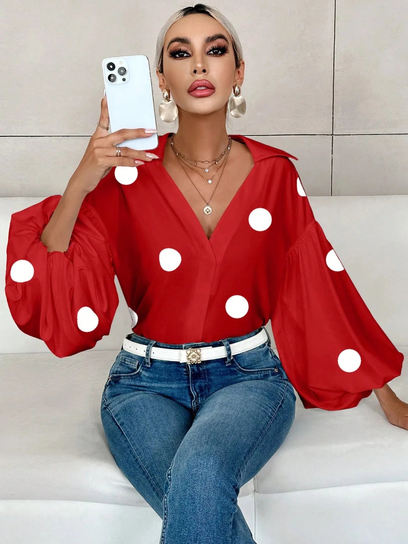 Boho Women's Blouses Spring Fall New Fashion French Polka Dot Half-neck Design Loose Puff Long-sleeve Top Casual Shirts Women Bazaare Mart