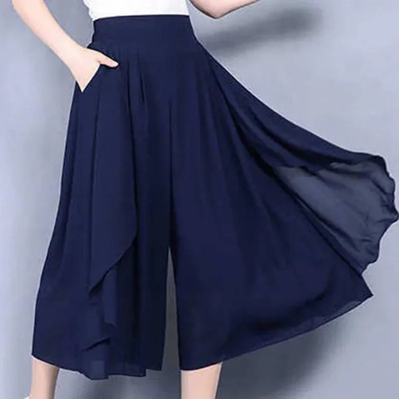 Women's High-Waist Ruffle Gaucho Capris – Elegant Wide-Leg Chiffon Office Pants Blue Bazaare Mart Wrap Around Gauchos