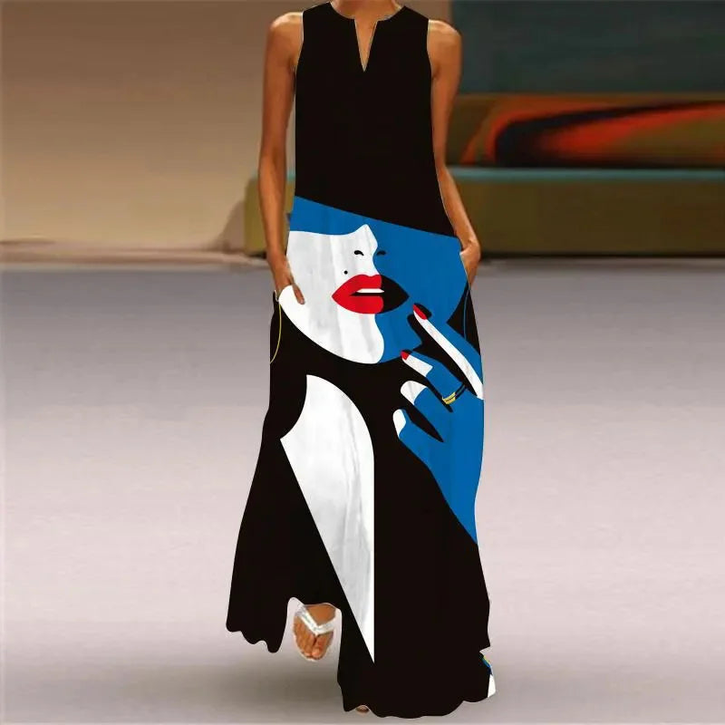 Summer Outdoor Street Fashion Women's Long Dress New Abstract Art Print Dress Sleeveless Vest V-Neck Fashion Women's Party Dress WXDress-152 Bazaare Mart
