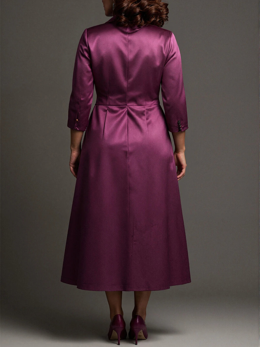 Plus Size Plum Satin Lace Midi Dress & Long Coat Set