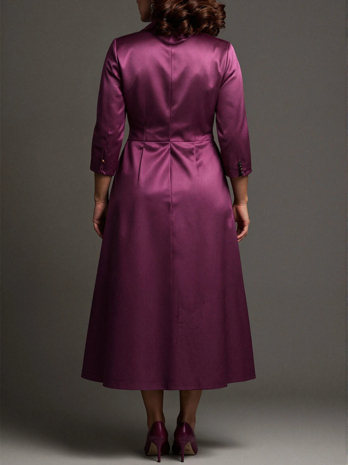 Plus Size Plum Satin Lace Midi Dress & Long Coat Set