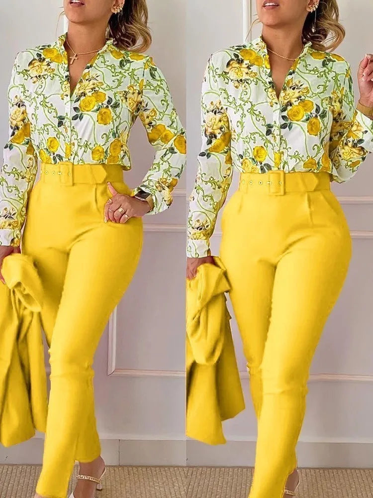 Print Long Sleeve Shirt Matching Pants Sets With Belt