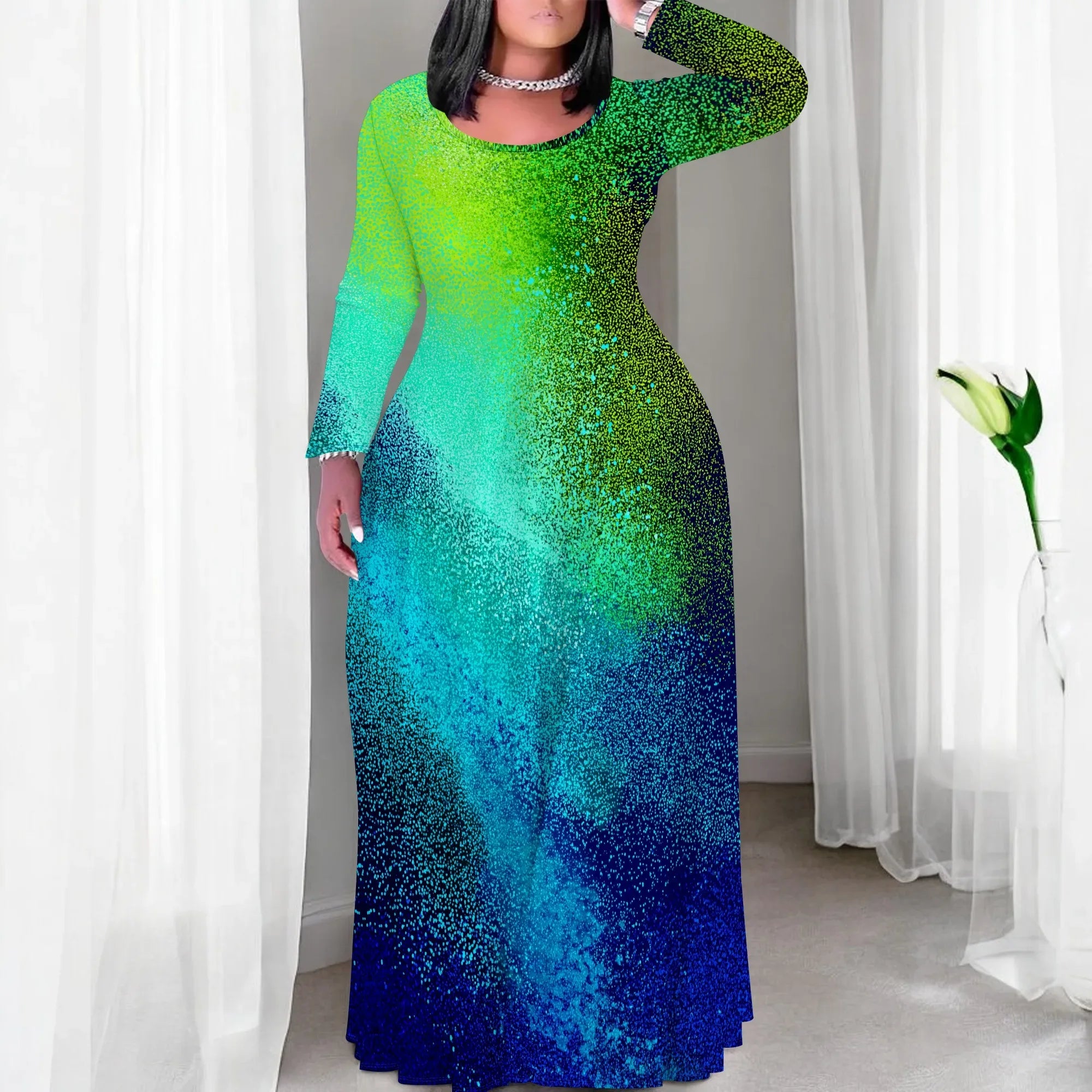 Tie Dye Print Scoop Neck Long Sleeve Maxi Dress Bazaare Mart Tie Dye Print Scoop Neck Long Sleeve Maxi Dress