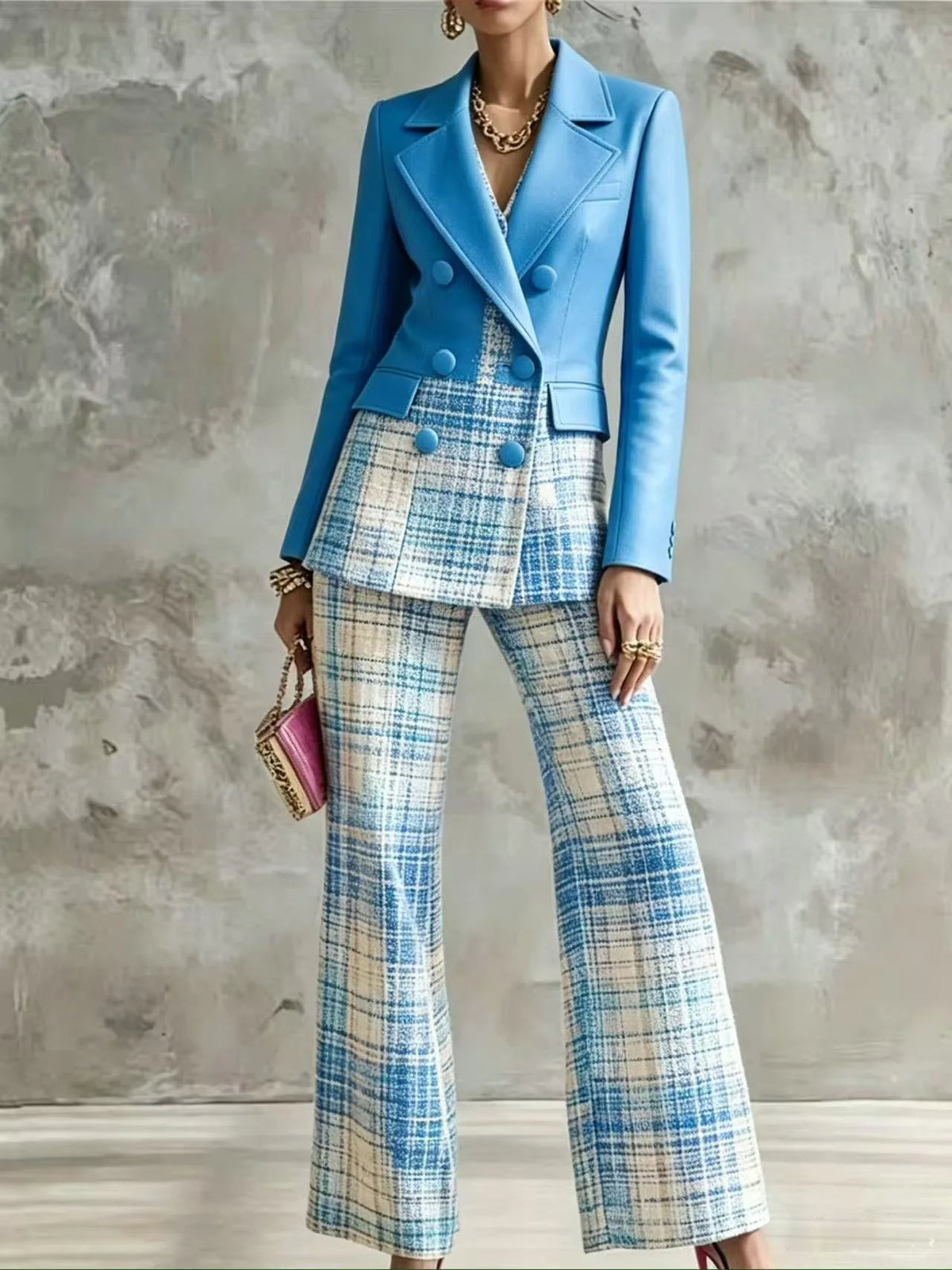 PU Leather Blazer & Plaid Flare Pants Set
