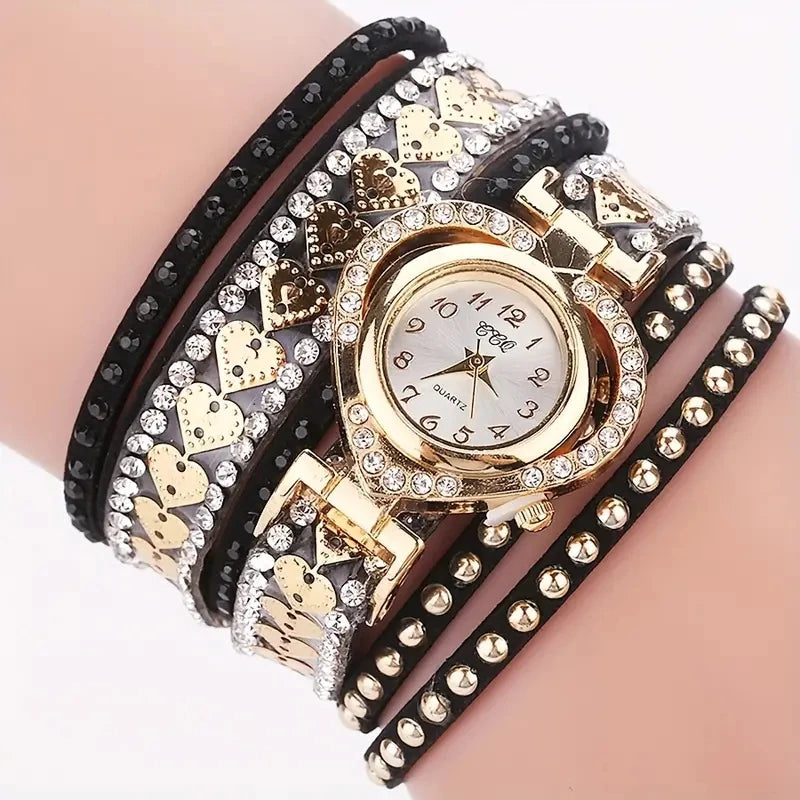 Women's Rhinestone Heart Wrap Bracelet Watch | Elegant Leather Quartz Watch Black Bazaare Mart Ladies Watch