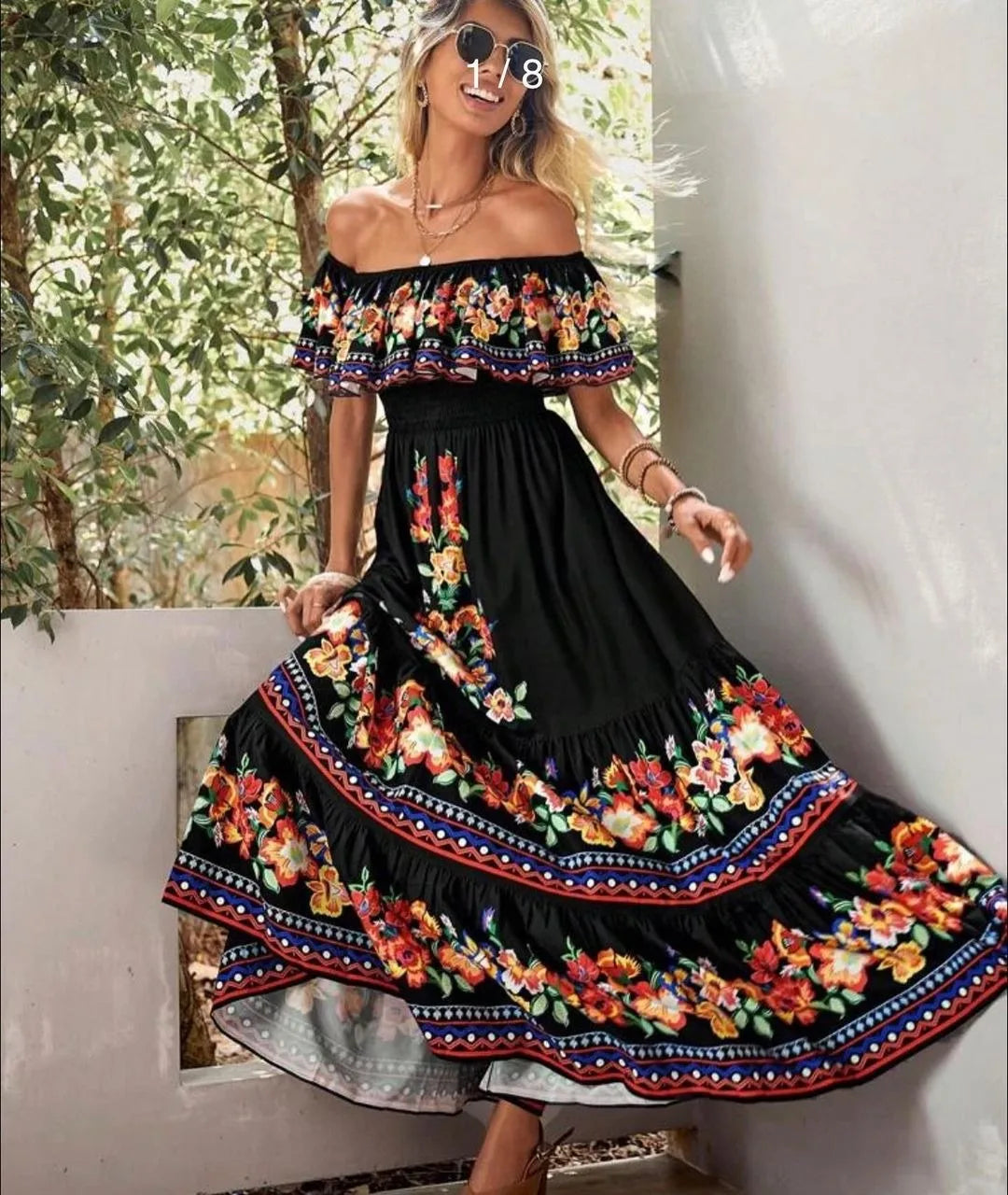 Off-shoulder Long Ruffled Peasant Dress