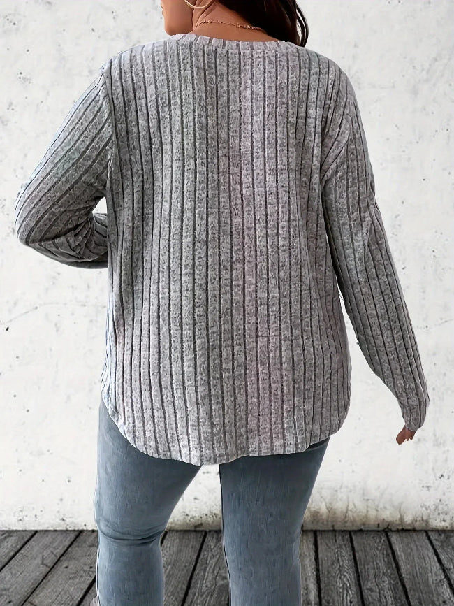 V-Neck Long Sleeve Ribbed Knit Top
