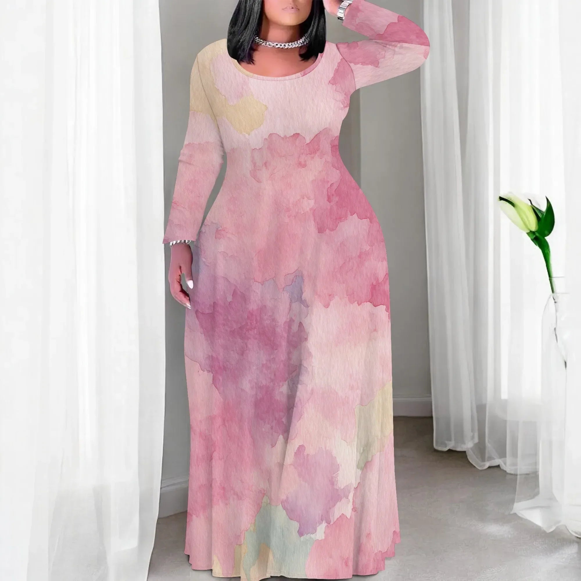 Tie Dye Print Scoop Neck Long Sleeve Maxi Dress Bazaare Mart Tie Dye Print Scoop Neck Long Sleeve Maxi Dress