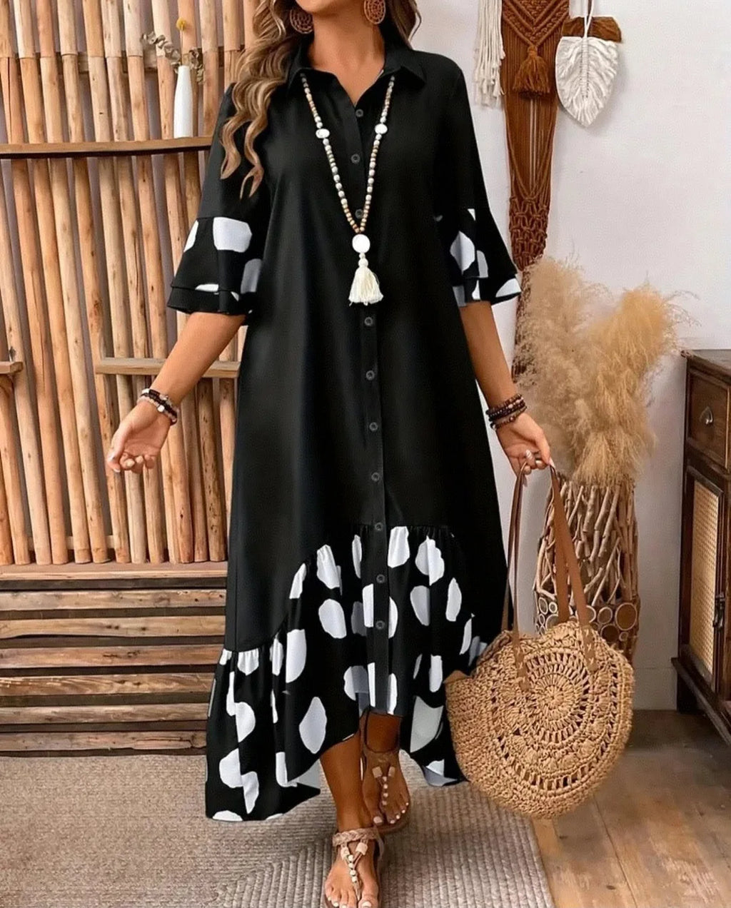 Women's Polka Dot Shirt Dress – Button Front Midi Dress with Flare Sleeves Bazaare Mart Half Sleeve Midi Shirt Dress