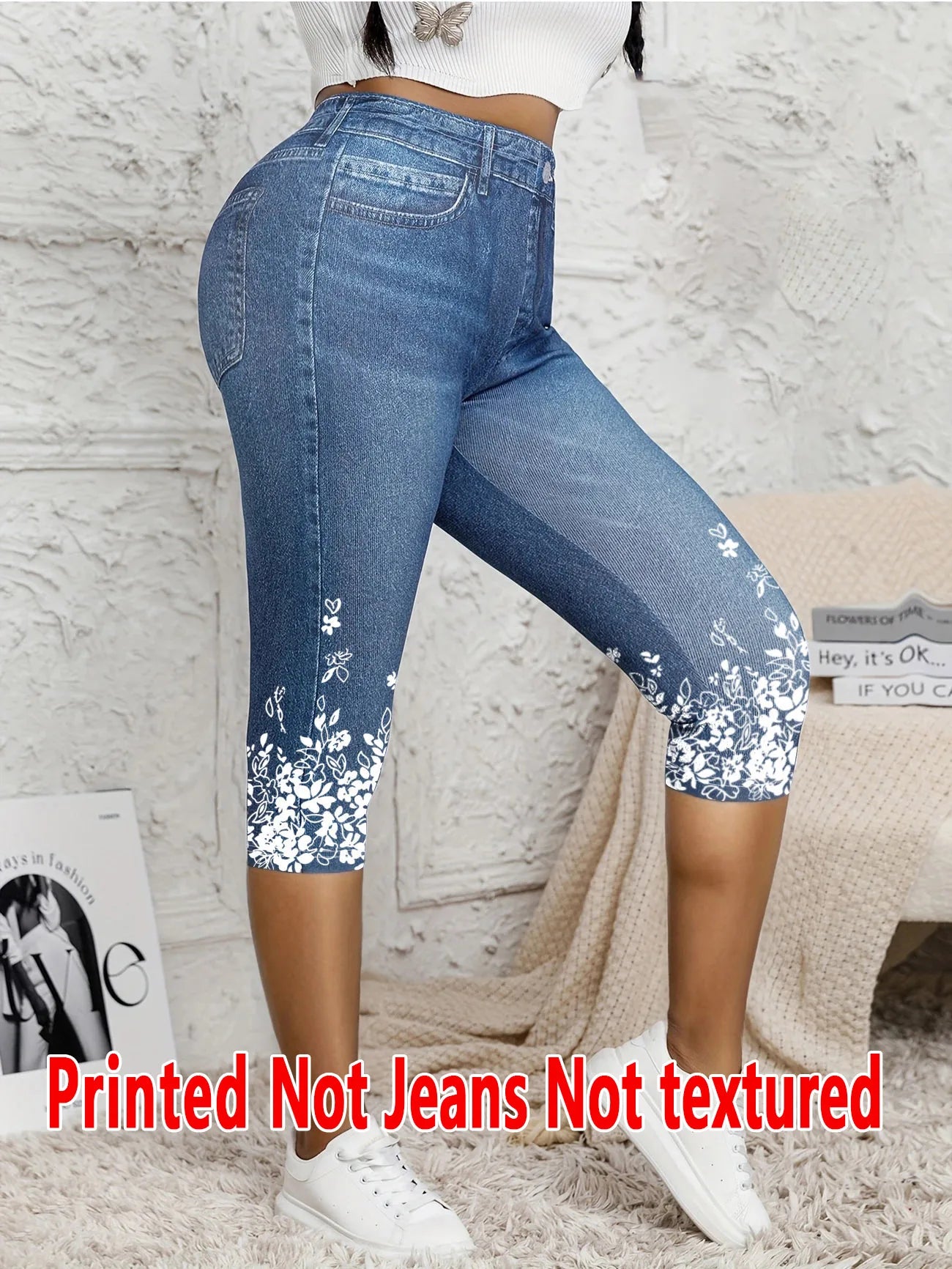 Women's Faux Denim Print Capri Leggings – High Waist Stretch Cropped Leggings with Floral Detail Bazaare Mart Capris Faux Denim Leggings