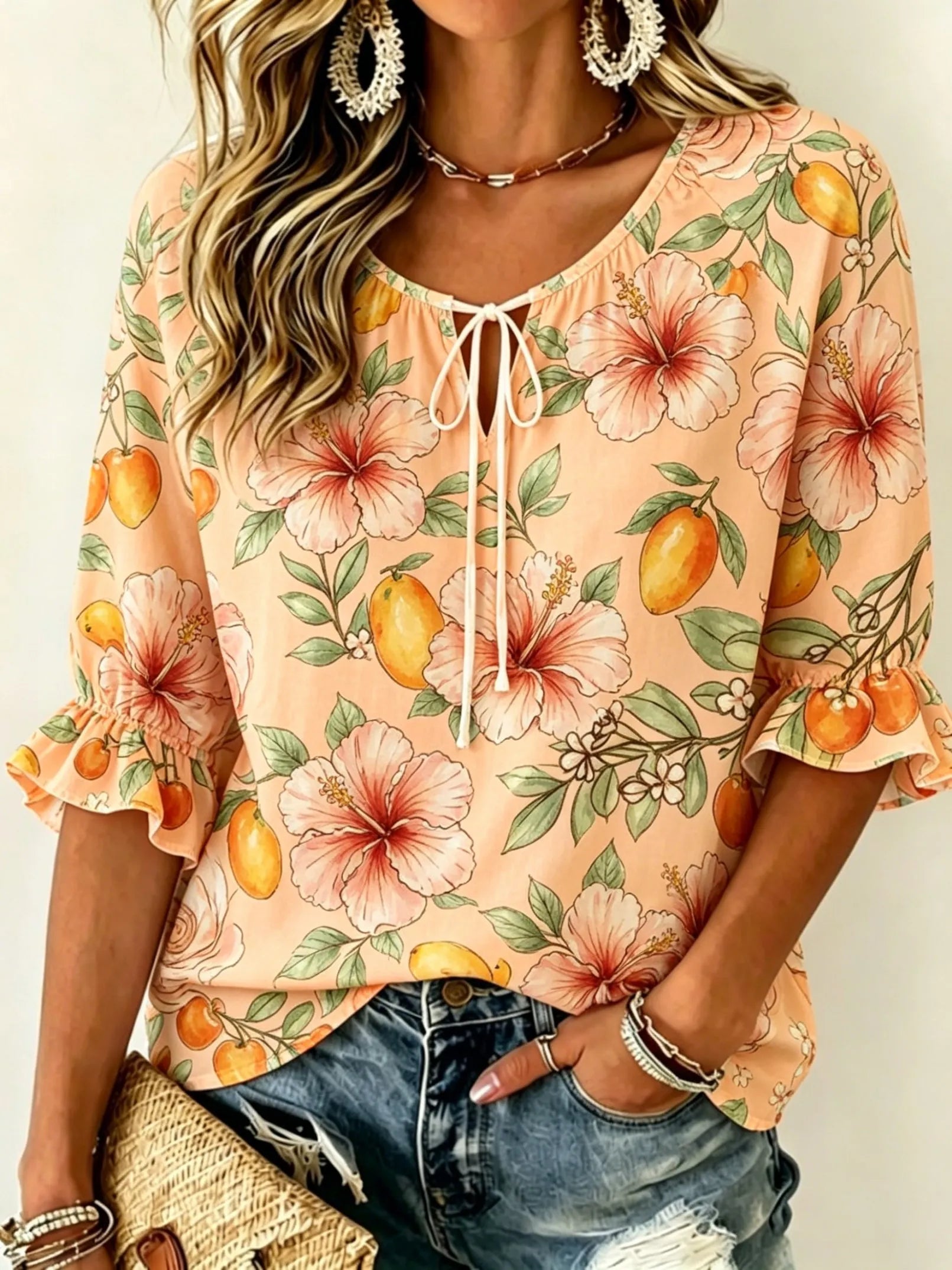 Women's Watercolor Floral Print Tie Neck Blouse – Ruffle Half Sleeve Casual Top NZHLE2026291CA Bazaare Mart 1/2 Sleeve Paisley Blouse