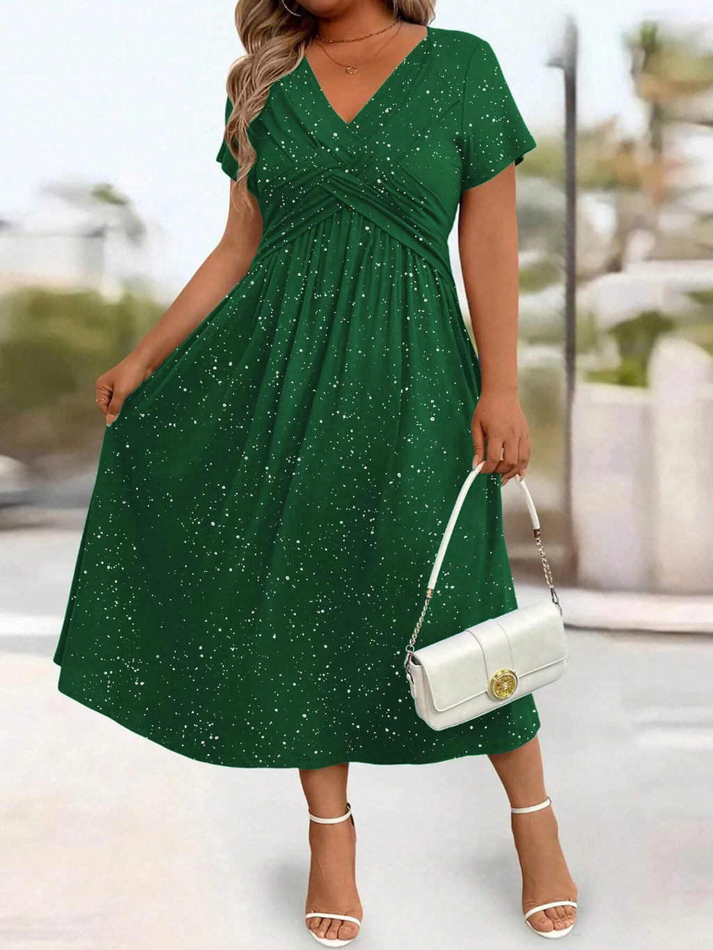 Powder Sprinkled Twisted Knot with Pockets V-neck Dress Bazaare Mart Plus Size Short Sleeve Midi Dress