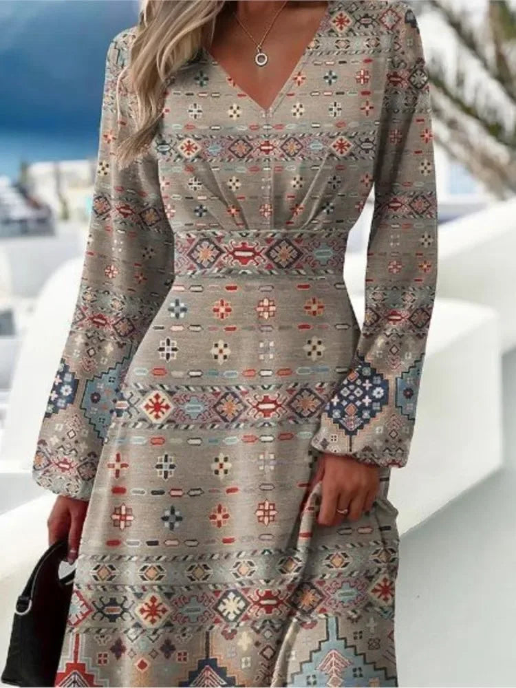 Slim Fit Printed V-neck Long Sleeve Dress Bazaare Mart Long Sleeve Midi Dress