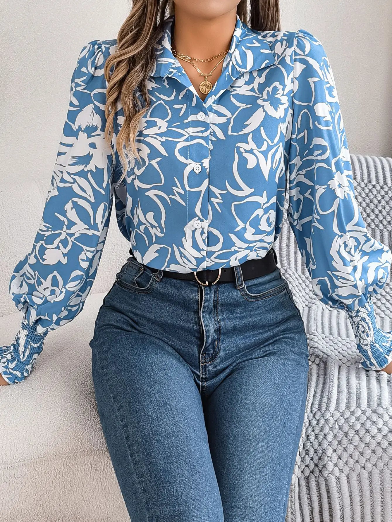 Floral Long Lantern Sleeve Flip Collar Blouse