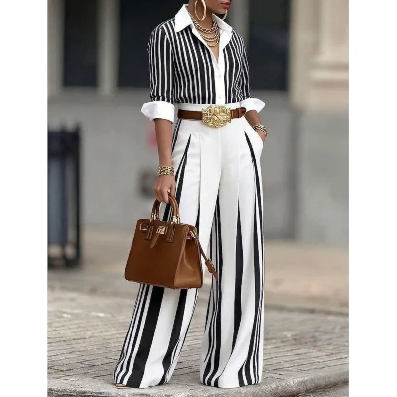 Striped Two-Piece Set – Button-Up Shirt & Wide-Leg Pants