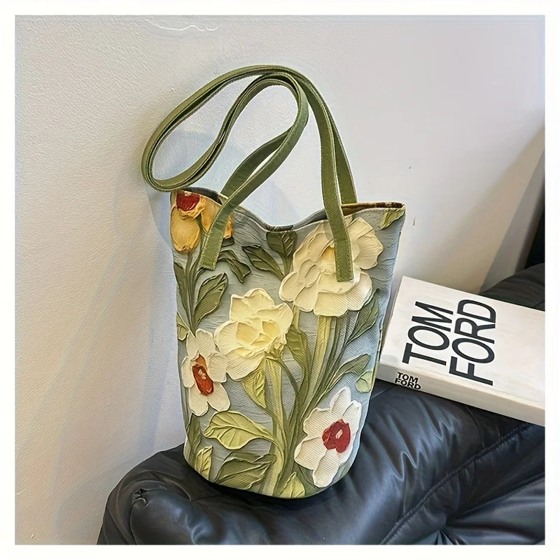 Women's Large Capacity Summer Floral Oxford Bucket Bag Casual Fashionable Shoulder Bag with Oil Painting Flower Design Handbag green China Mainland Bazaare Mart