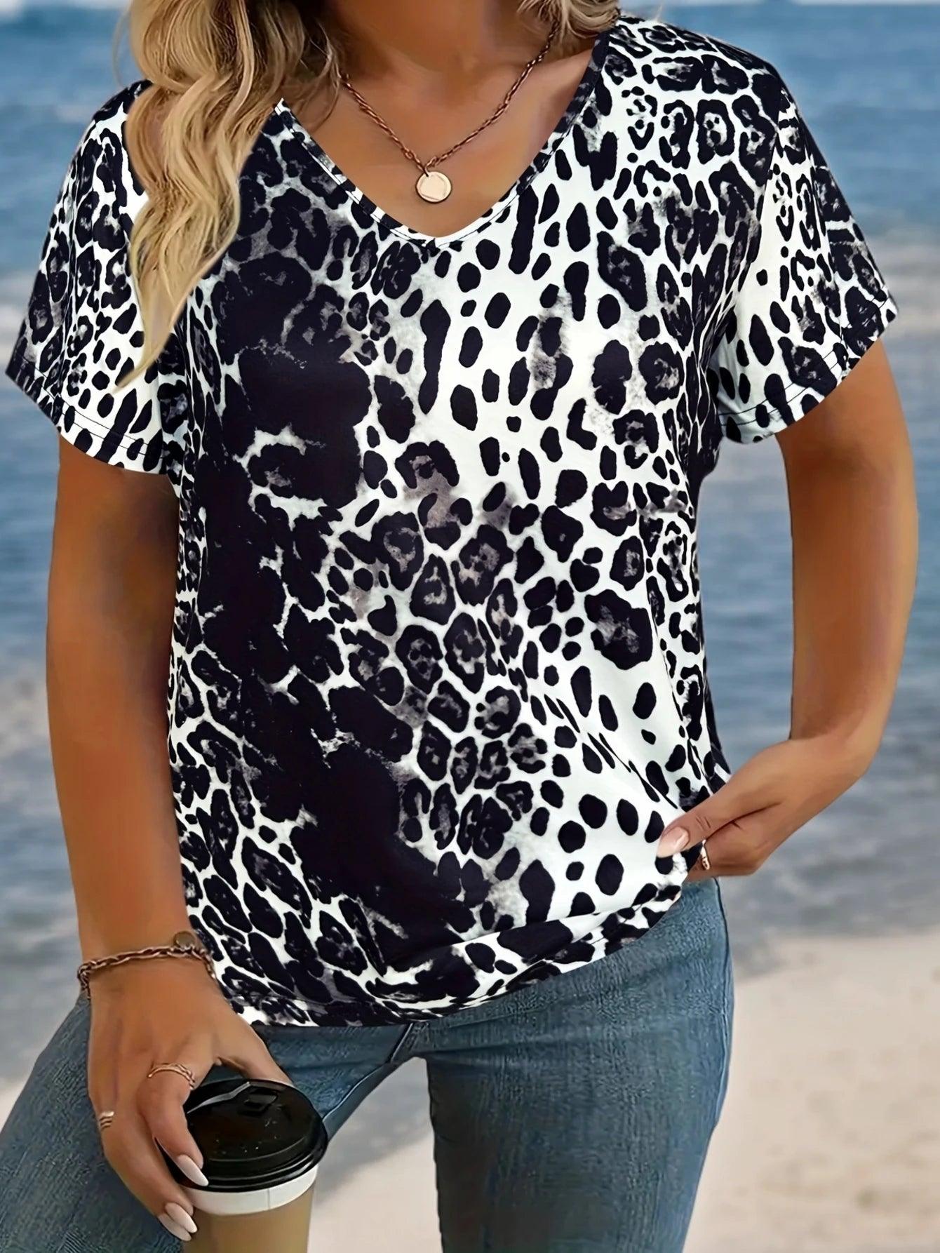 Women's Abstract Animal Print V-Neck T-Shirt | Casual Short Sleeve Summer Tee VAZXD20251711Q Bazaare Mart Printed V-Neck Top