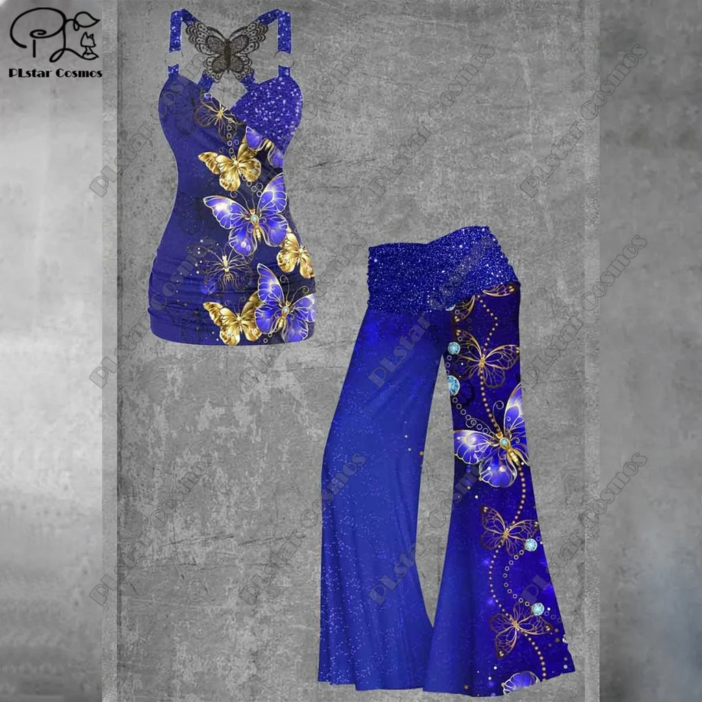 PLstar Cosmos 2023 new 3D printing women's literary rainbow butterfly vest + wide-leg pants two-piece set H1 Bazaare Mart