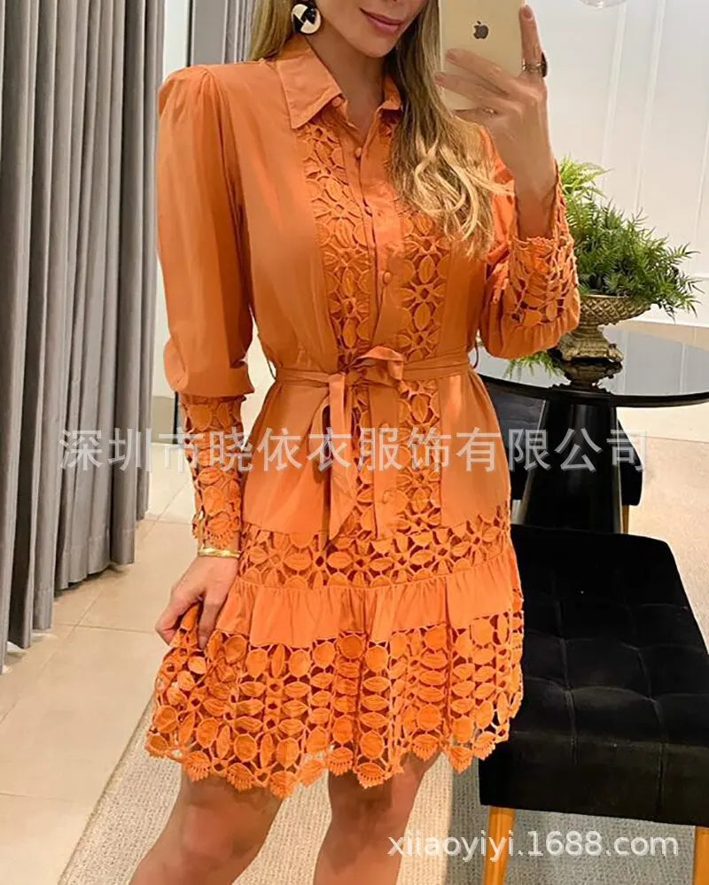 Spring Summer Lace Hollowed Out Patchwork Shirt Women's Dress Sexy Elegant Female 2 Piece Suit With Inner Strap Anti Slip Dress Orange Bazaare Mart
