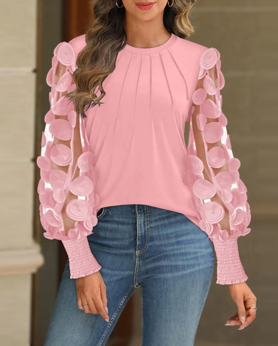 Women's Pleated Blouse with 3D Floral Mesh Sleeve
