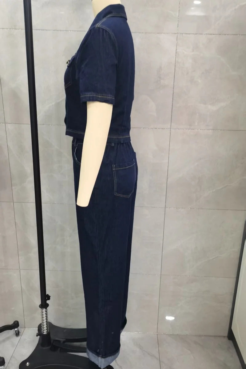 Two-Piece Denim Set – Cropped Button-Up Top & Wide-Leg Jeans