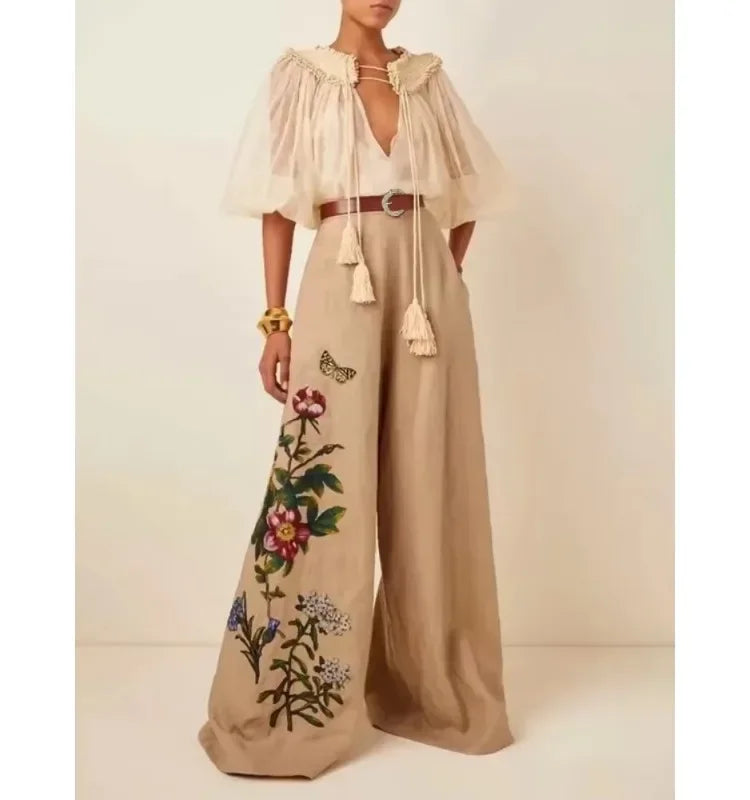 Women's Floral Embroidered Wide Leg High Waist Belted Khaki Slacks