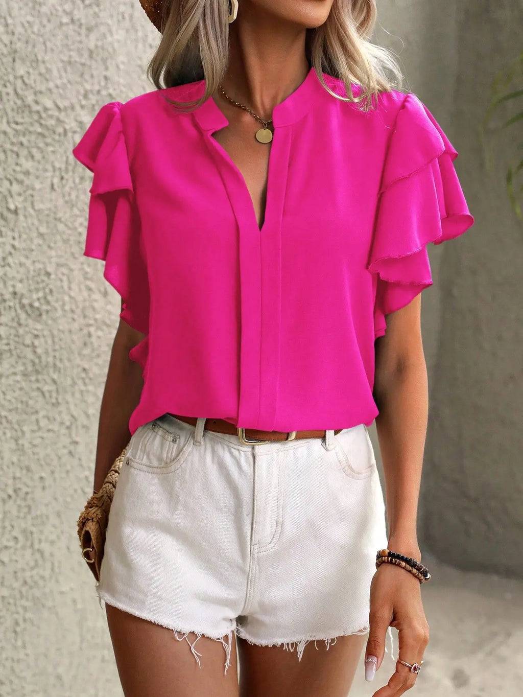 V-neck Ruffle Sleeve Solid Color Blouse