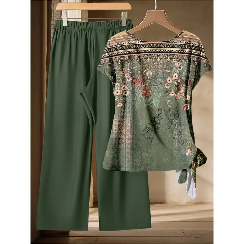 Dark Green Floral Print Twisted Top & Solid Wide Leg Pants Set