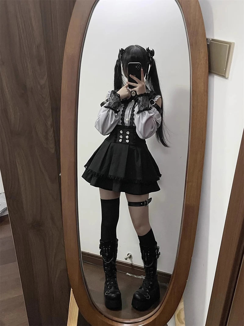 Jirai kei Shirt JK Skirt Japanese Style Lolita Y2K Sweet School Uniform Blouse Top Dress Darkness Outfit Women Girls Theme Party Bazaare Mart