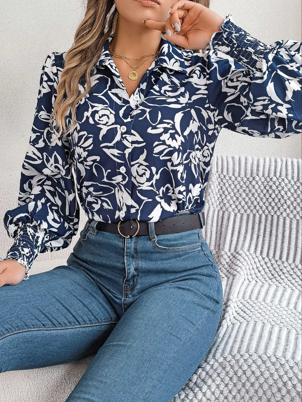 Floral Long Lantern Sleeve Flip Collar Blouse