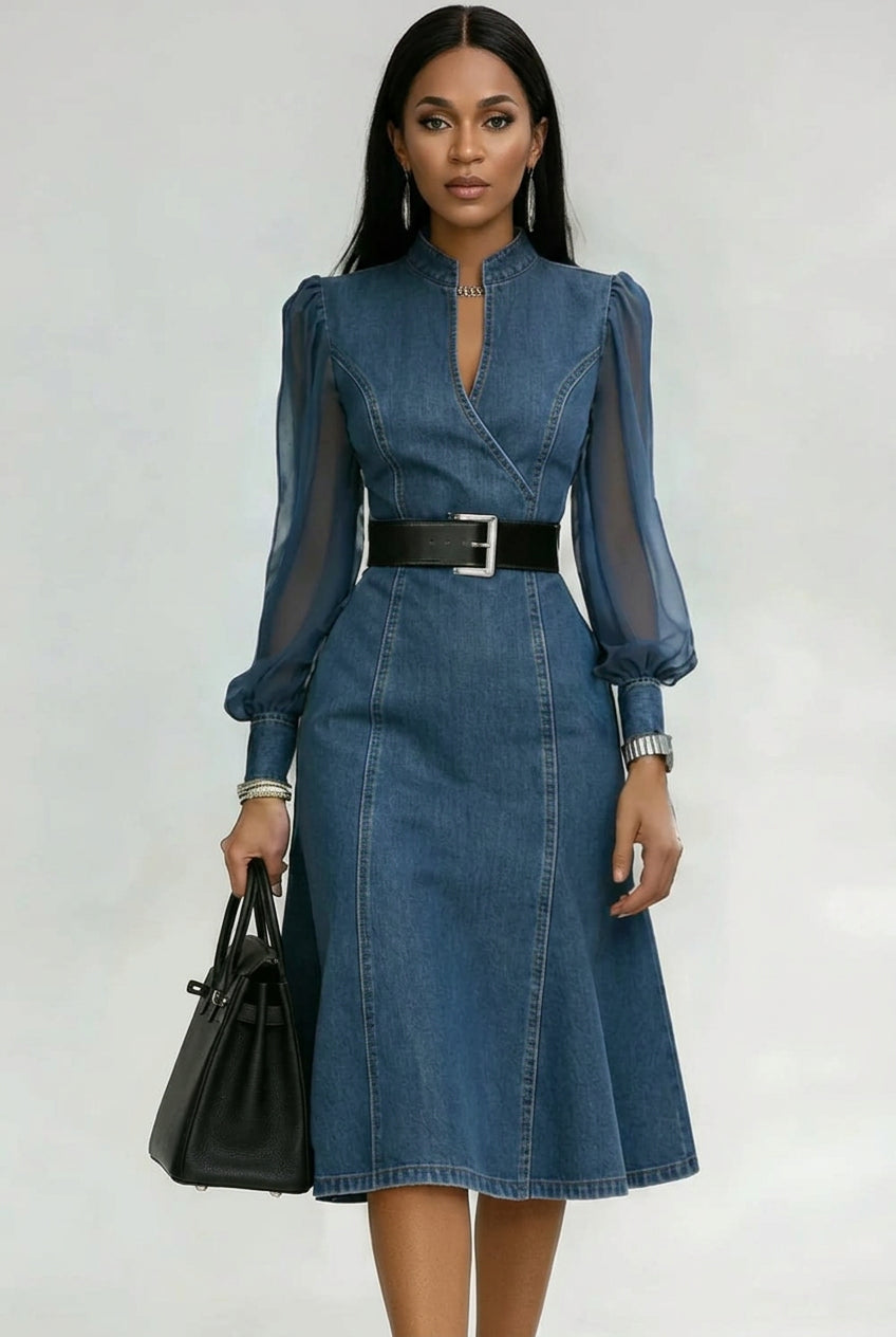 Sheer Long Sleeve V-Neck Slimming Denim Waist-Cinching with Belt Dress