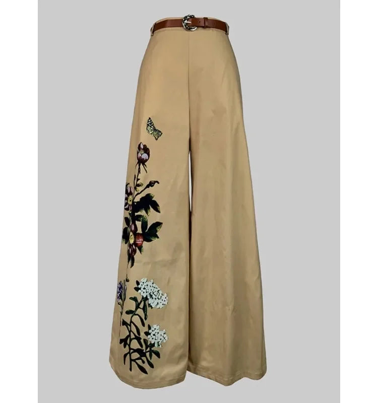 Women's Floral Embroidered Wide Leg High Waist Belted Khaki Slacks