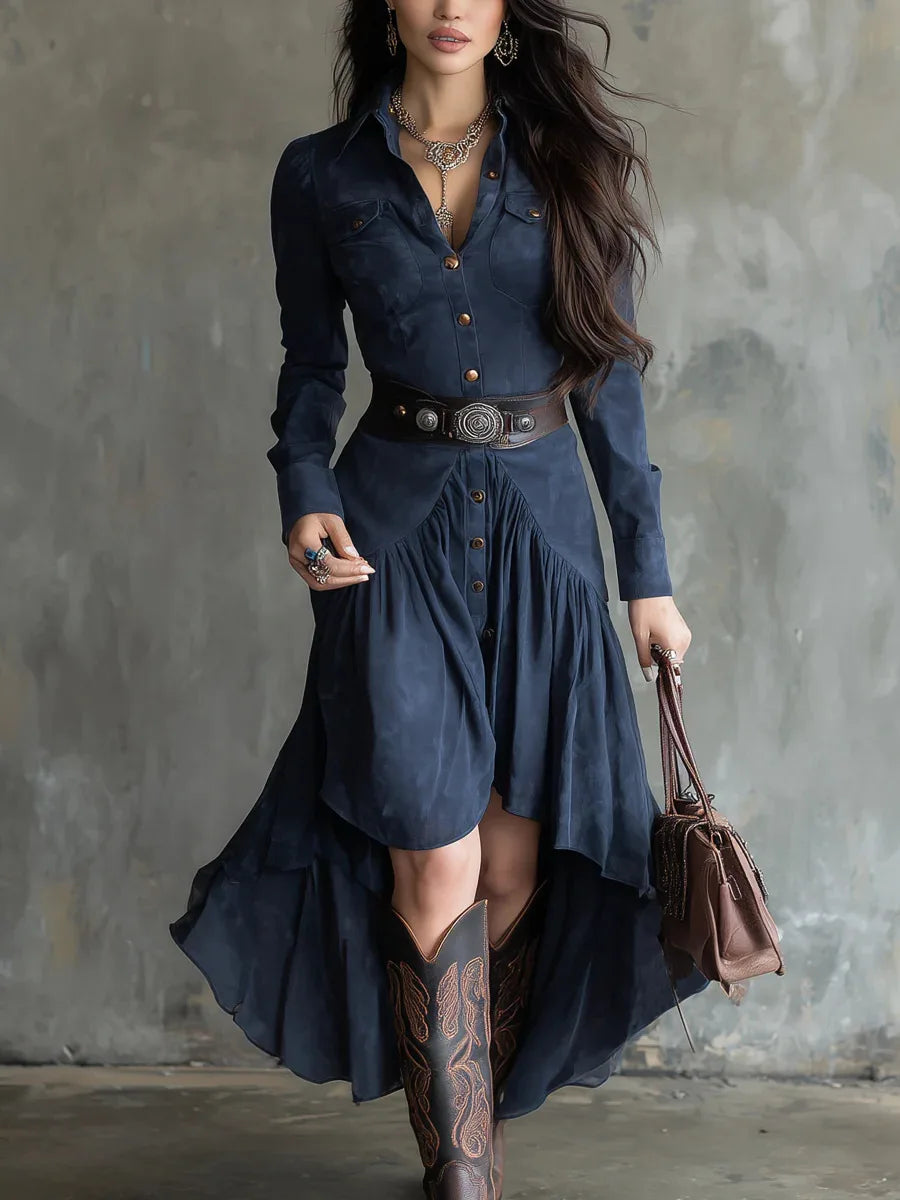 Western Style French Suede High Low Layered Dress with Belt
