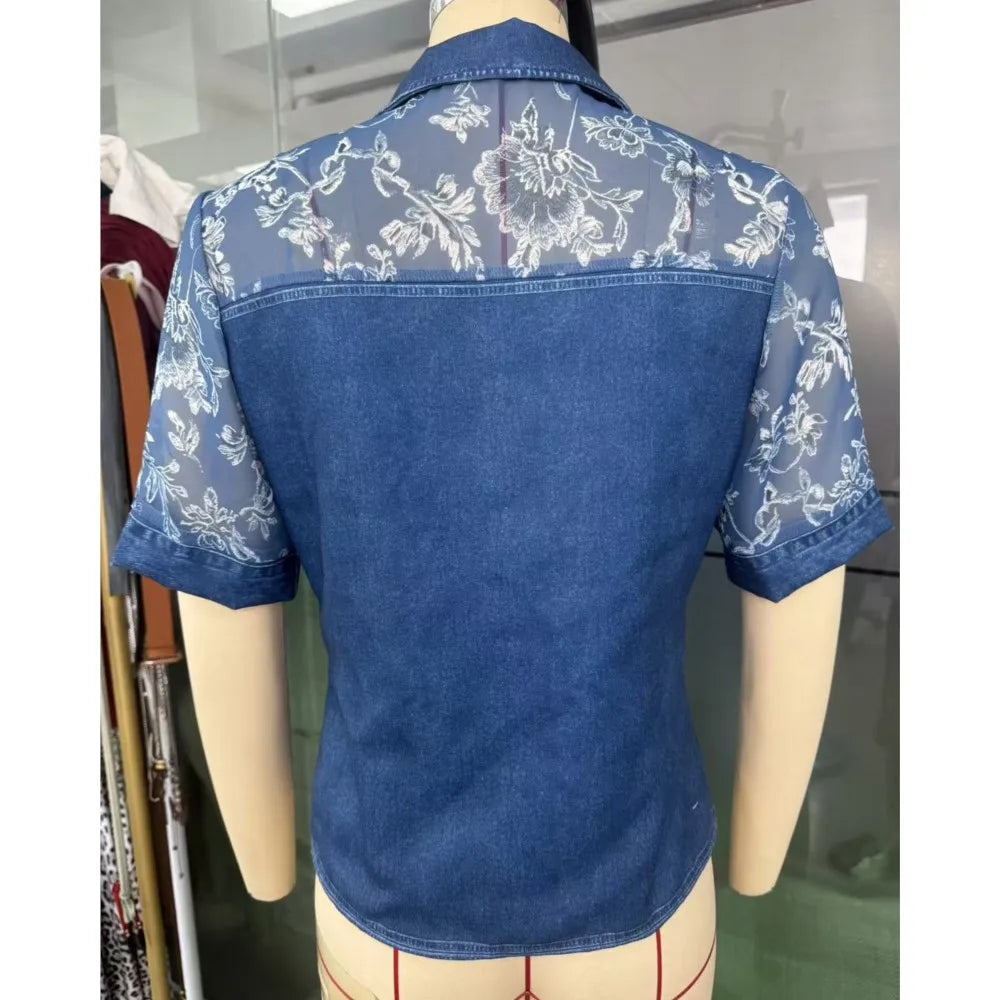 Denim Shirt with Sheer Floral Embroidered Mesh Sleeves