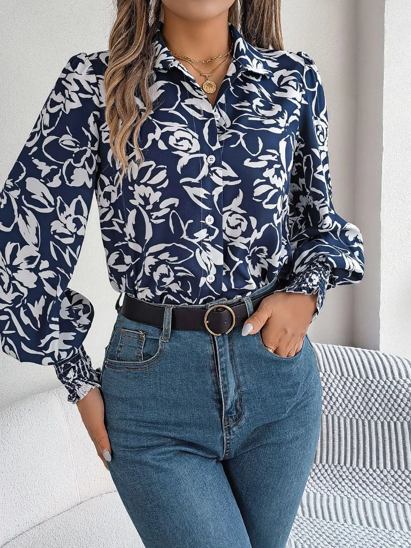 Floral Long Lantern Sleeve Flip Collar Blouse