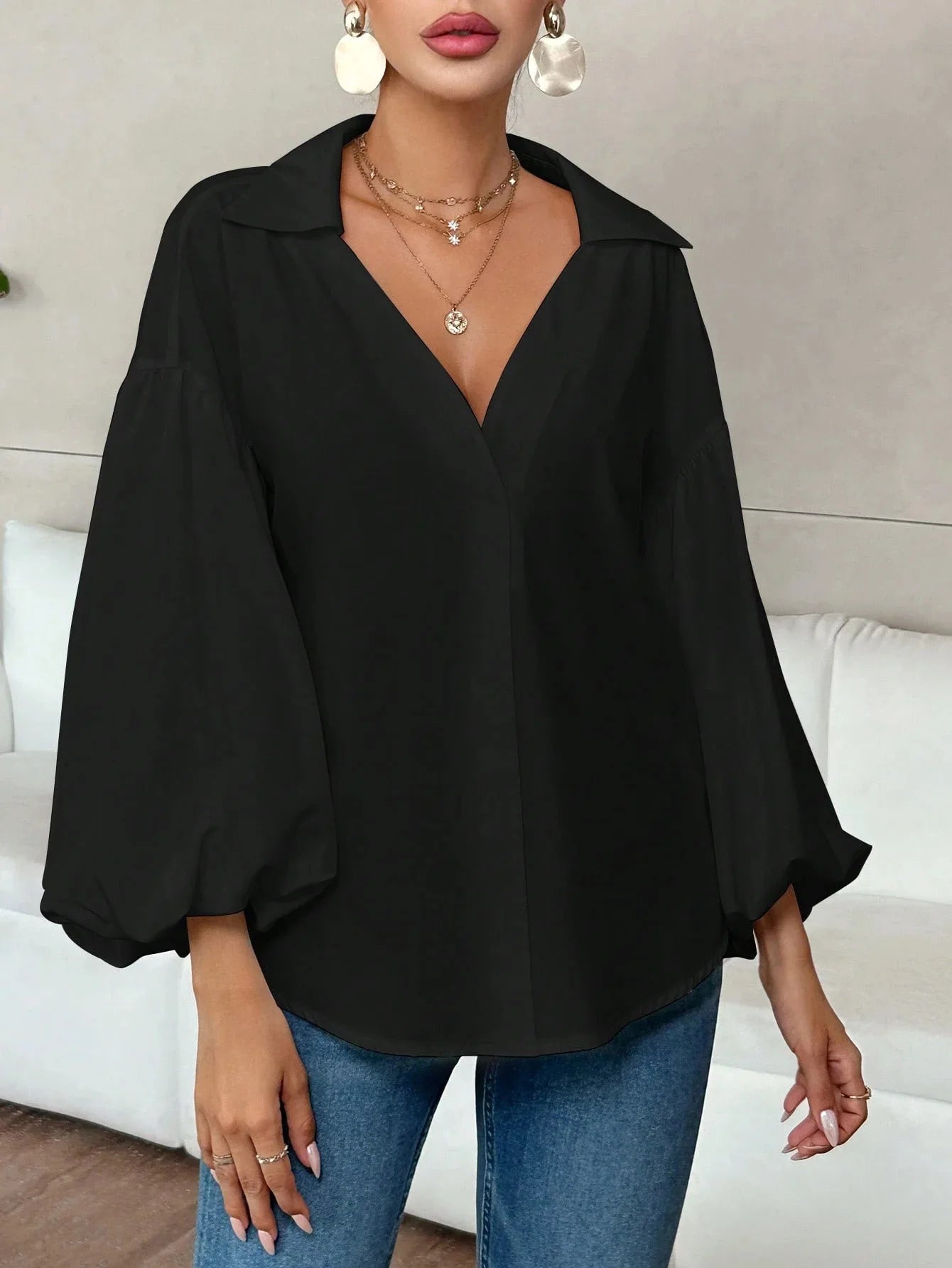 Boho Women's Blouses Spring Fall New Fashion French Polka Dot Half-neck Design Loose Puff Long-sleeve Top Casual Shirts Women Bazaare Mart