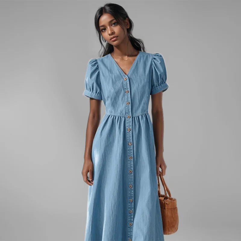 Blue Denim Midi Dress – V-Neck Button-Front Dress with Short Puff Sleeves