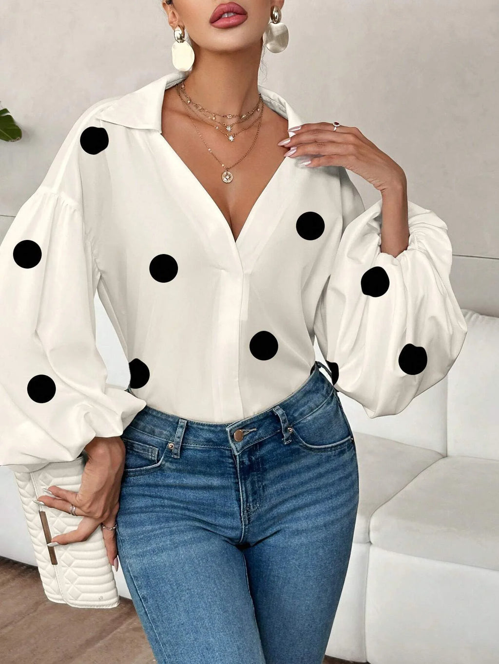 Boho Women's Blouses Spring Fall New Fashion French Polka Dot Half-neck Design Loose Puff Long-sleeve Top Casual Shirts Women Bazaare Mart
