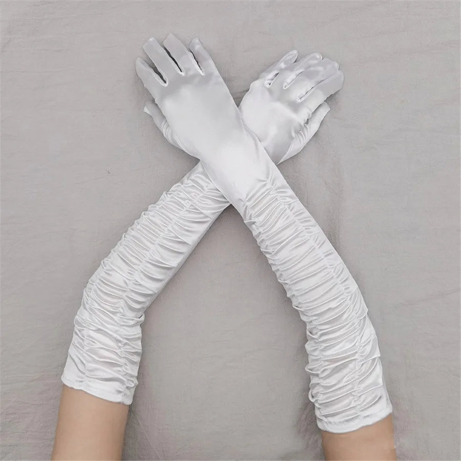 Satin Pleated Opera Gloves white Bazaare Mart Satin Opera Gloves