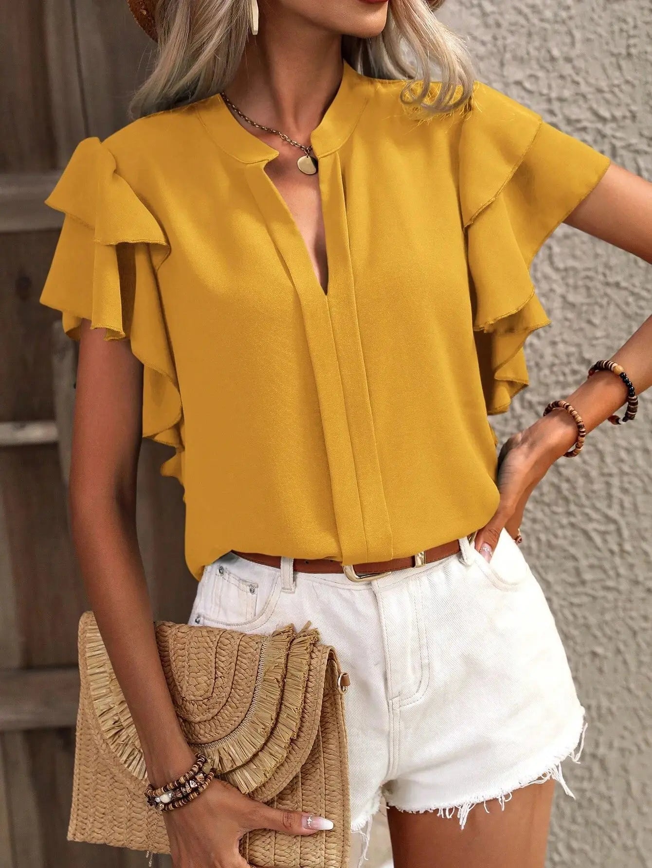 V-neck Ruffle Sleeve Solid Color Blouse