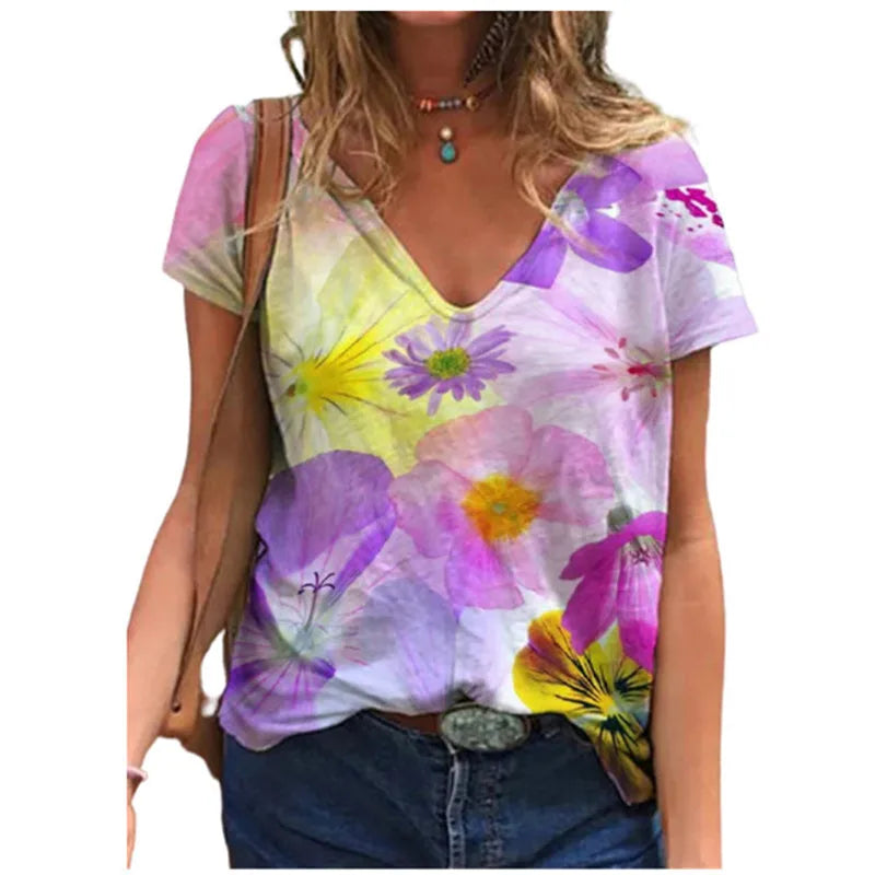Women's Floral 3D Print V-Neck T-Shirt