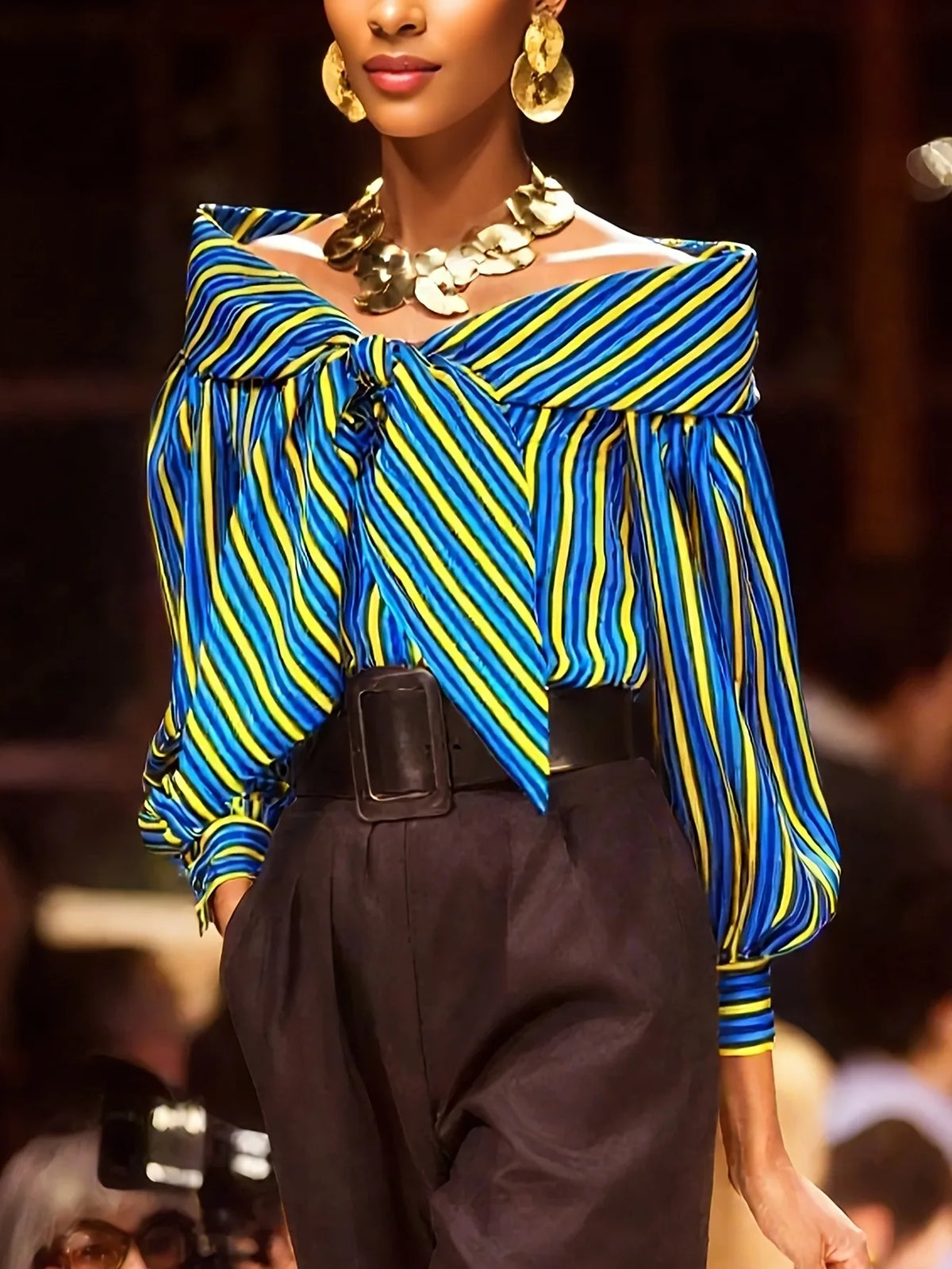 Striped Off Shoulder Front Knot Lantern Long Sleeve Blouse