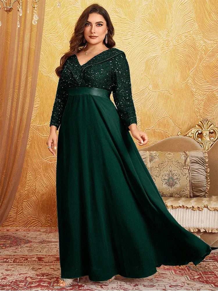 V Neck Sequined Long Sleeve Chiffon Evening Gown Green Bazaare Mart Long Sleeve Evening Gown
